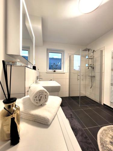 ein weißes Bad mit einer Dusche und einem Waschbecken in der Unterkunft Winterberg Appartement 21128 in Winterberg