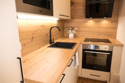 a kitchen with a sink and a stove at Appartement Rehlein in Mauterndorf