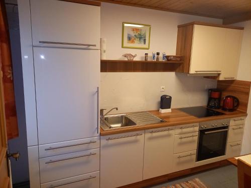 a kitchen with a white refrigerator and a sink at Haus Beckenbauer in Sankt Michael im Lungau