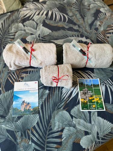 - un ensemble de serviettes sur un lit avec une photo dans l'établissement Home Sevrier, à Sévrier