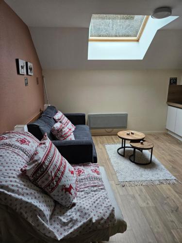 a living room with a couch and a skylight at Studio La Marmotte Appart 327 in La Féclaz