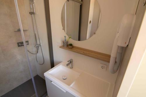 een badkamer met een wastafel en een douche met een spiegel bij RCN Vakantiepark de Noordster in Dwingeloo