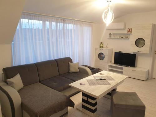 ein Wohnzimmer mit einem Sofa und einem Tisch in der Unterkunft Cosy Charming 2-Bed Apartment in Blagoevgrad in Blagoewgrad