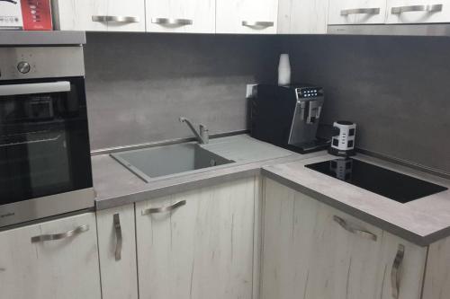a kitchen with a sink and a microwave at Cosy Charming 2-Bed Apartment in Blagoevgrad in Blagoevgrad