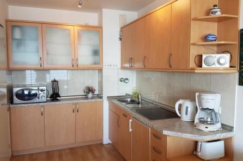 a kitchen with wooden cabinets and a counter top at Strandhotel Wohnung 69 in Dahme