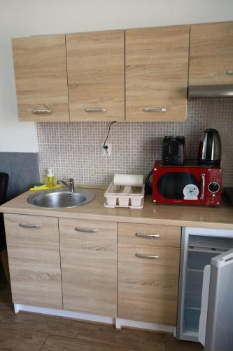a kitchen with a sink and a red microwave at Hortobágyi Kemencés Vendégház in Hortobágy