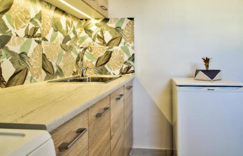 - une cuisine avec un évier et un papier peint à feuilles dans l'établissement Hydra apartment, à Patras