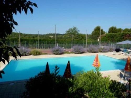 a large blue swimming pool with umbrellas at Maison avec jardin in Malemort-du-Comtat