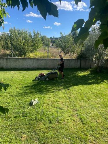 un homme poussant une tondeuse à gazon dans une cour dans l'établissement Maison avec jardin, à Malemort-du-Comtat