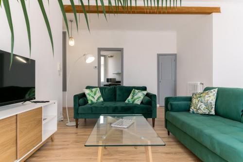 uma sala de estar com dois sofás verdes e uma televisão em The Hobson's flat, le cœur de Béziers em Béziers
