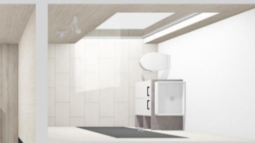 ein Bad mit einem Spender in der Ecke eines Zimmers in der Unterkunft Ferienhaus und Ferienappartements Brunner in Höchst
