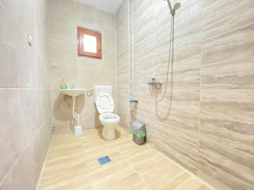 a bathroom with a shower and a toilet and a sink at Apartment V&D in Berovo