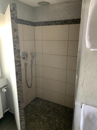 een douche met een slang in de badkamer bij Berggasthof Immenstein in Bühl