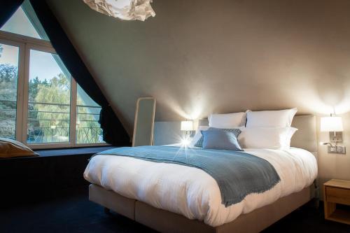 a bedroom with a large bed and a large window at LES GITES DE LA KARLSMUHLE in Haguenau