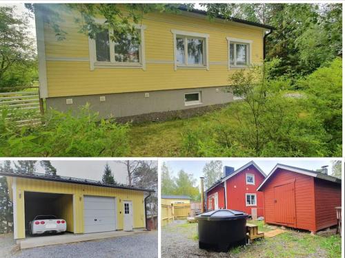 two different pictures of a house and a garage at Property in Vaasa in Vaasa