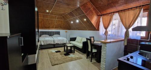 a bedroom with a bed and a kitchen with a sink at VILA KRUNA Apartments in Kopaonik