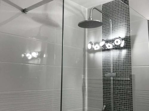 une douche avec une porte vitrée dans une salle de bain dans l'établissement Duplex T3 6 pers, plage à 2 pas, parking privé - FR-1-81-497, au Barcarès