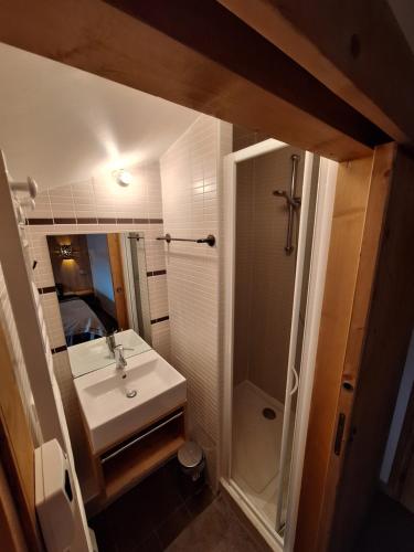 une salle de bain avec un lavabo et une douche dans l'établissement Duplex La Plagne - Montchavin, 4 Pièces, 3 chambres, à La Plagne Tarentaise