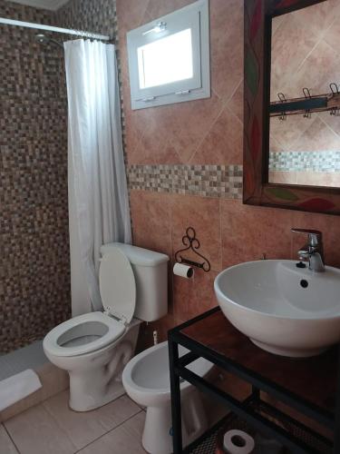 a bathroom with a white toilet and a sink at Keer Om Alojamiento in Sarmiento