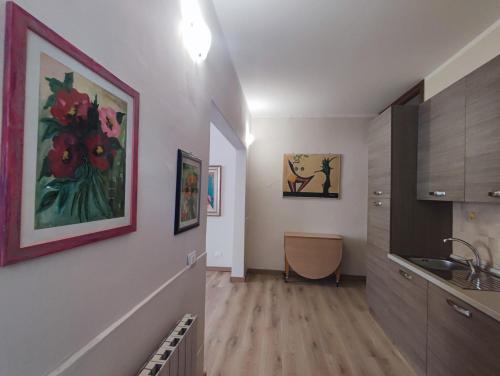 a living room with a kitchen and a hallway at B&B Pavia Centro Ticino in Pavia