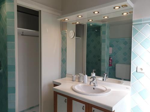 une salle de bain avec un lavabo et un miroir dans l'établissement Spacieux T3 avec piscine, à Digne-Les-Bains