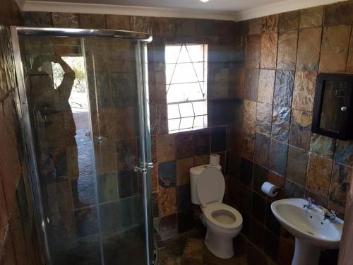 a bathroom with a shower and a toilet and a sink at Lagai Roi Guesthouse in Boshoek