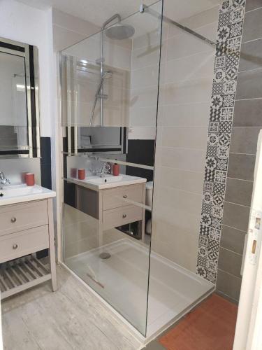 La salle de bains est pourvue d'une douche en verre, d'un lavabo et de toilettes. dans l'établissement Maison de village à maligny 89, à Maligny