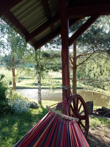 a hammock with a view of a river and trees at Domek nad Stawem Siemuszowa in Tyrawa Wołoska