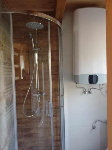 a shower with a glass door in a bathroom at Domek nad Stawem Siemuszowa in Tyrawa Wołoska