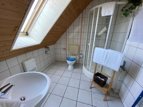 La salle de bains est pourvue d'un lavabo et de toilettes. dans l'établissement Aparthotel " Zur Müritz", à Rechlin