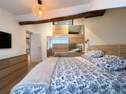ein Schlafzimmer mit einem großen Bett und einem TV in der Unterkunft Beautilful flat in Saint germain en laye in Saint-Germain-en-Laye