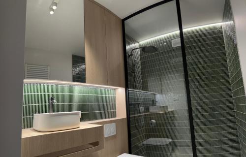 uma casa de banho com um lavatório e uma cabina de duche em vidro. em Vakantievilla Eetseveld em Bree