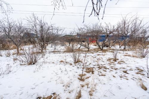 a snow covered field with a train in the background at Guest house "Halif" in Tegizchil