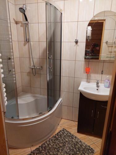 a bathroom with a shower and a sink at Pokoje u Bogusi in Chochołów