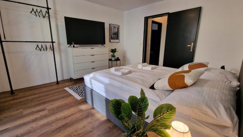 a bedroom with a large bed and a flat screen tv at homy Lakeside Symphony in Bregenz am Bodensee in Bregenz