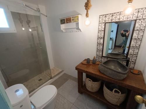 a bathroom with a toilet and a sink and a mirror at LA CASA DE LAS BICIS in Cádiz