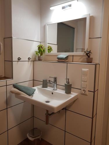 a bathroom with a sink and a mirror at Ferienwohnung Zur Alten Gärtnerei in Hürtgenwald