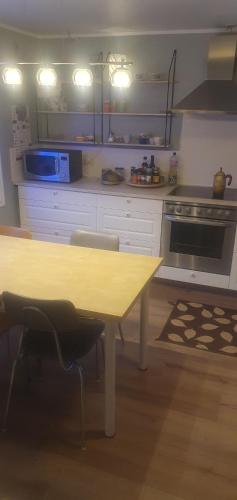 een keuken met een tafel met stoelen en een fornuis bij Hóll in Óbyggðasetur