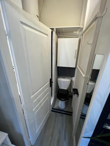 - une petite salle de bains avec des toilettes et une porte dans l'établissement Appartement centre de lyon, à Lyon