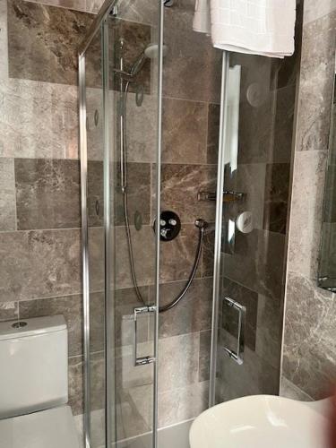 a bathroom with a glass shower with a toilet at voco The Clifton Folkestone by IHG in Folkestone