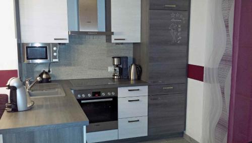 uma cozinha com um lavatório e um fogão forno superior em BIENE`S Ferientraum em Reit im Winkl