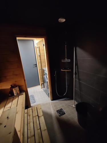 a bathroom with a shower and a glass door at Lapland Aurora cabin in Rovaniemi