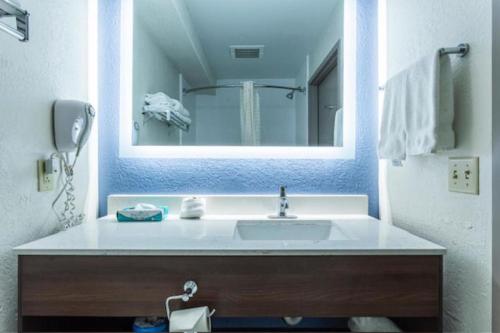 Lancaster Inn & Suites في مانهايم: حمام مع حوض ومرآة كبيرة