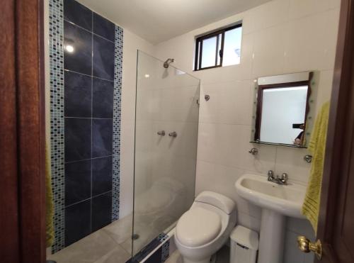 een badkamer met een douche, een toilet en een wastafel bij Apartamento CENTRO de Loja. in Loja