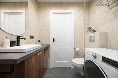 a bathroom with a sink and a toilet and a mirror at A&I city view apartment in Vilnius