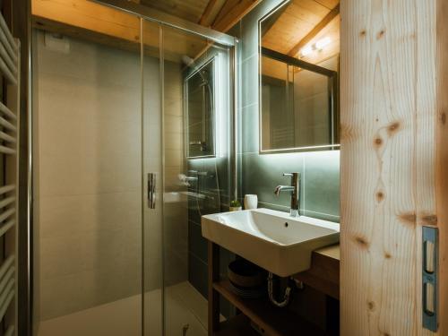 ein Bad mit einem Waschbecken und einer Dusche in der Unterkunft Chalet La Clusaz, 5 pièces, 8 personnes - FR-1-304-262 in La Clusaz