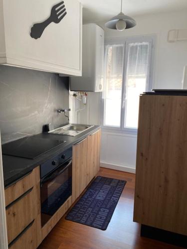 une cuisine avec un évier et une cuisinière four supérieur dans l'établissement Le charme de Collioure, à Collioure