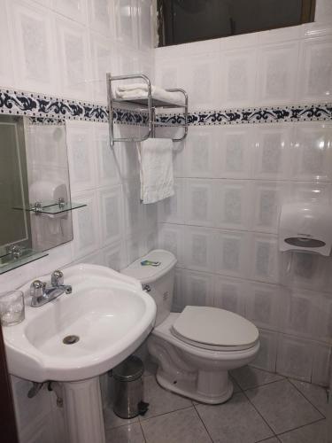 a white bathroom with a toilet and a sink at Hotel Jardines del Rio in Loja