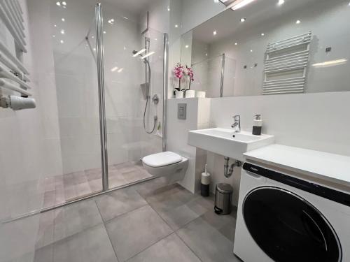 a bathroom with a shower toilet and a sink at Sopocka Bryza in Sopot
