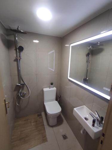 een badkamer met een toilet, een wastafel en een douche bij Johnson house in Rafina